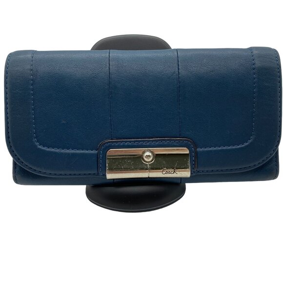Coach Kristin leather wallet silver buckle bill fold pocket book teal green blue - Picture 1 of 16